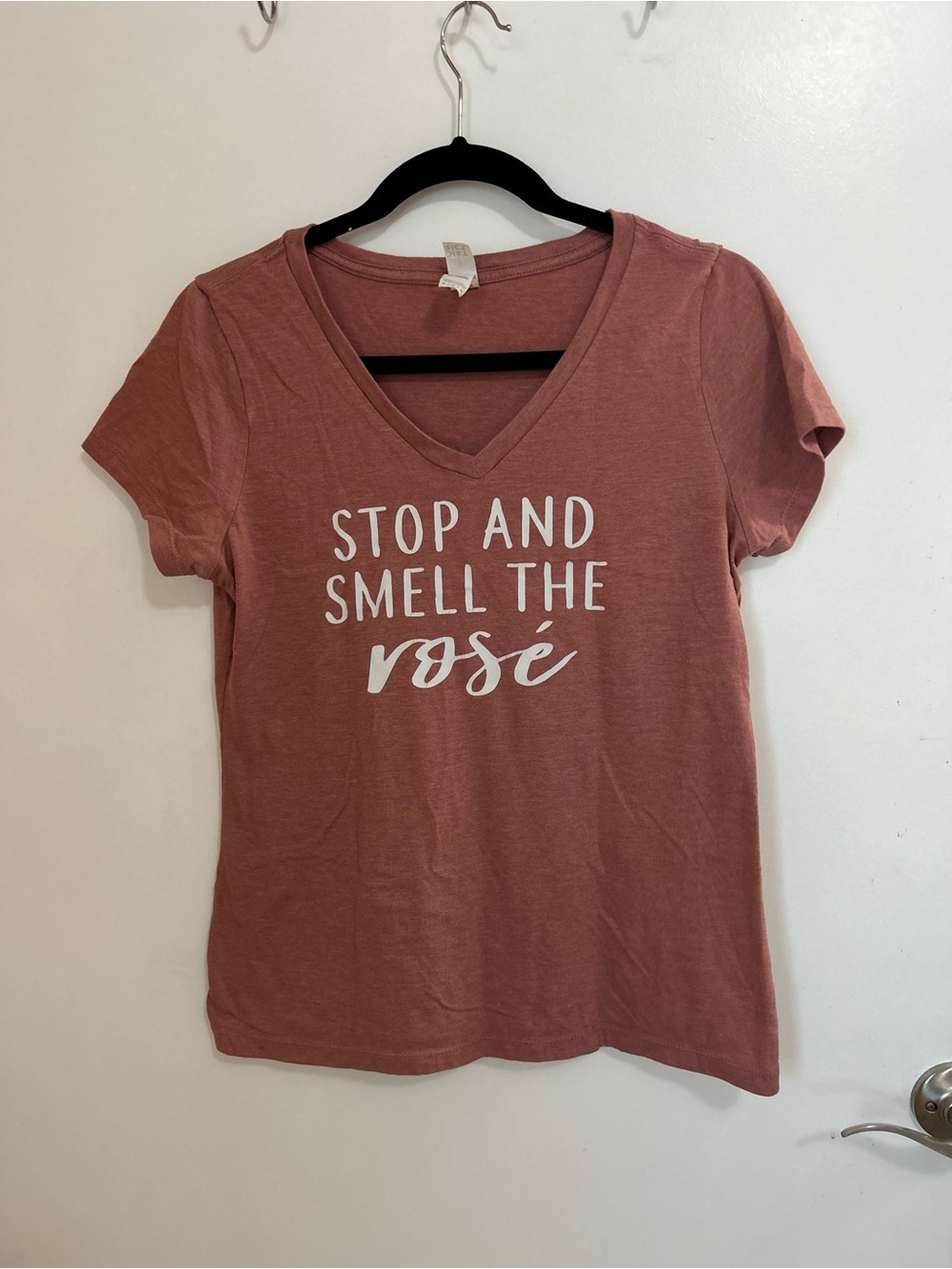 District Dusty Rose V-Neck Tee with White "Stop and Smell the Rosé" Graphic